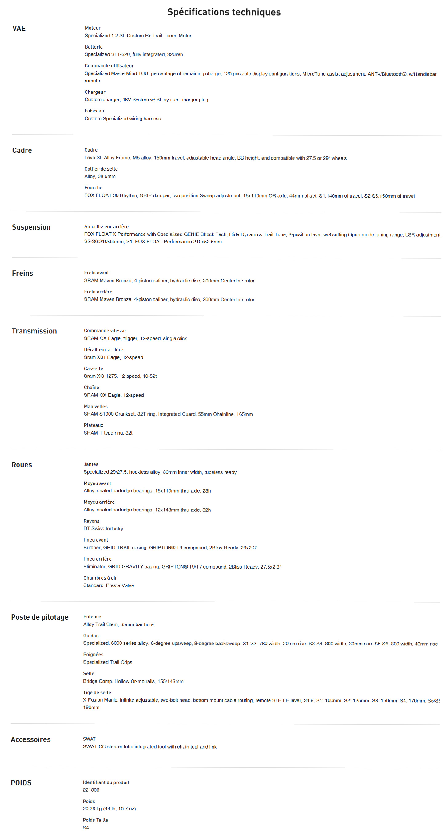 Fiche technique du vélo électrique Turbo Levo SL 2 Comp Alloy année 2025
